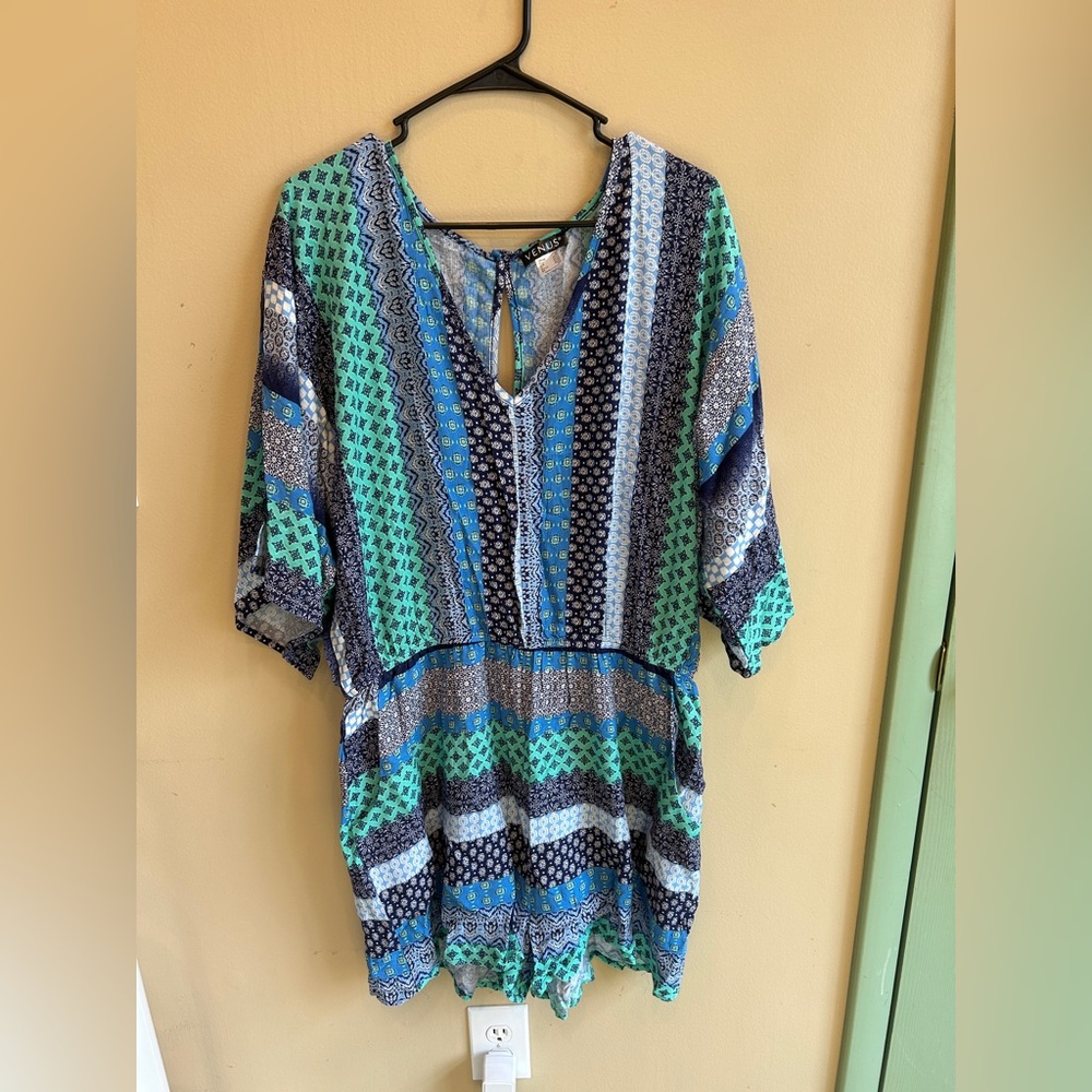VENUS Blue & Green Patterned V-Neck romper